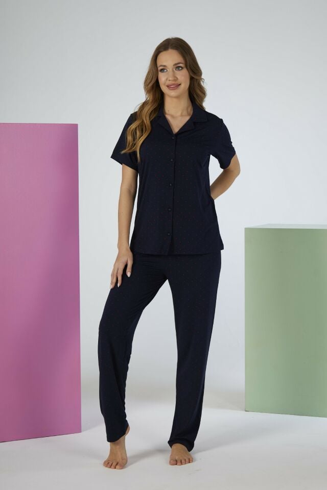 Estiva Kadın Lacivert Kısa Kollu Önden Düğmeli Soft Pijama Takımı