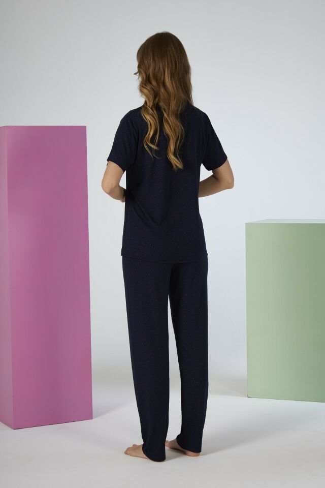 Estiva Kadın Lacivert Kısa Kollu Önden Düğmeli Soft Pijama Takımı