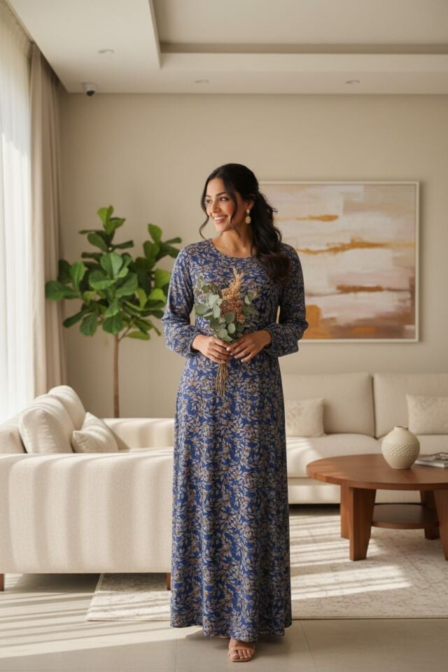 Estiva Kadın Desenli Uzun Kollu Lycra Viskon Günlük Elbise