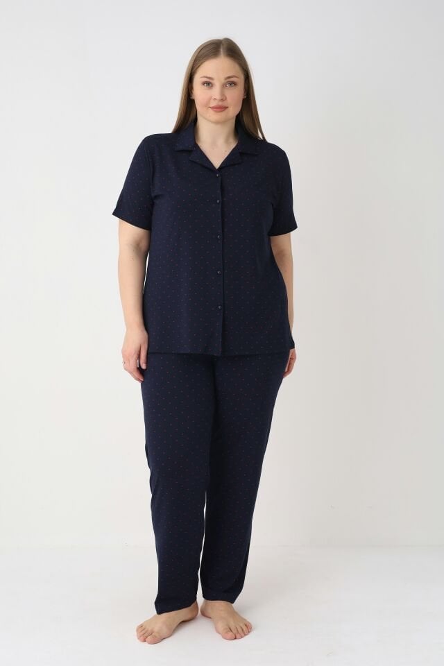 Estiva Kadın Lacivert Kısa Kollu Önden Düğmeli Soft Battal Pijama Takımı