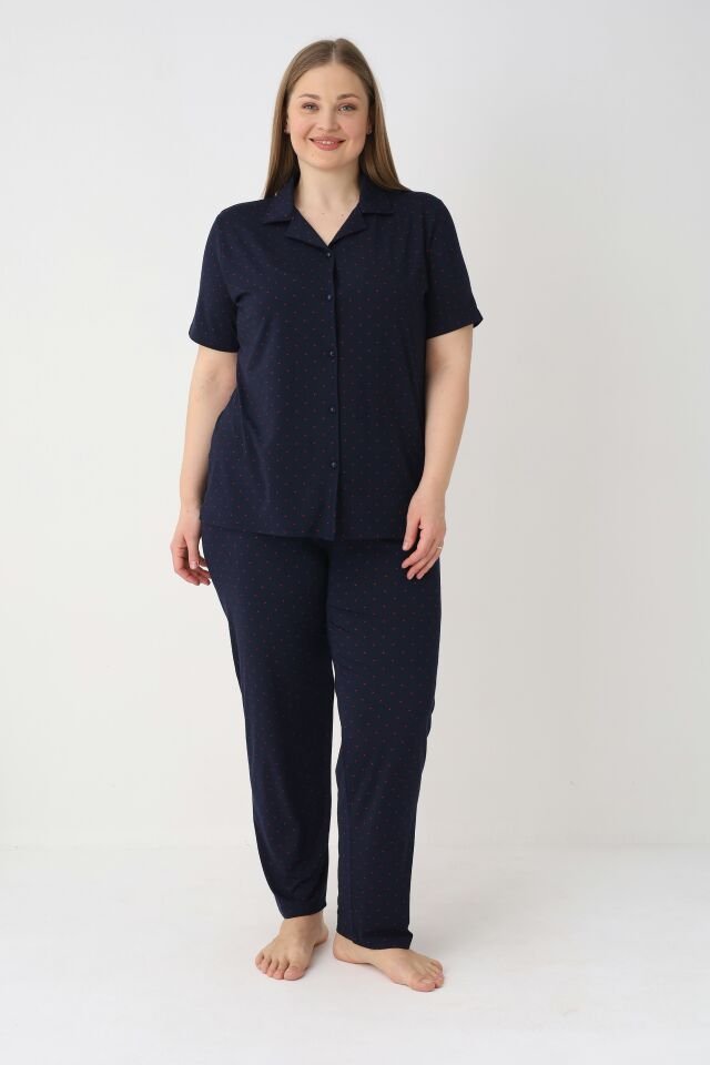 Estiva Kadın Lacivert Kısa Kollu Önden Düğmeli Soft Battal Pijama Takımı