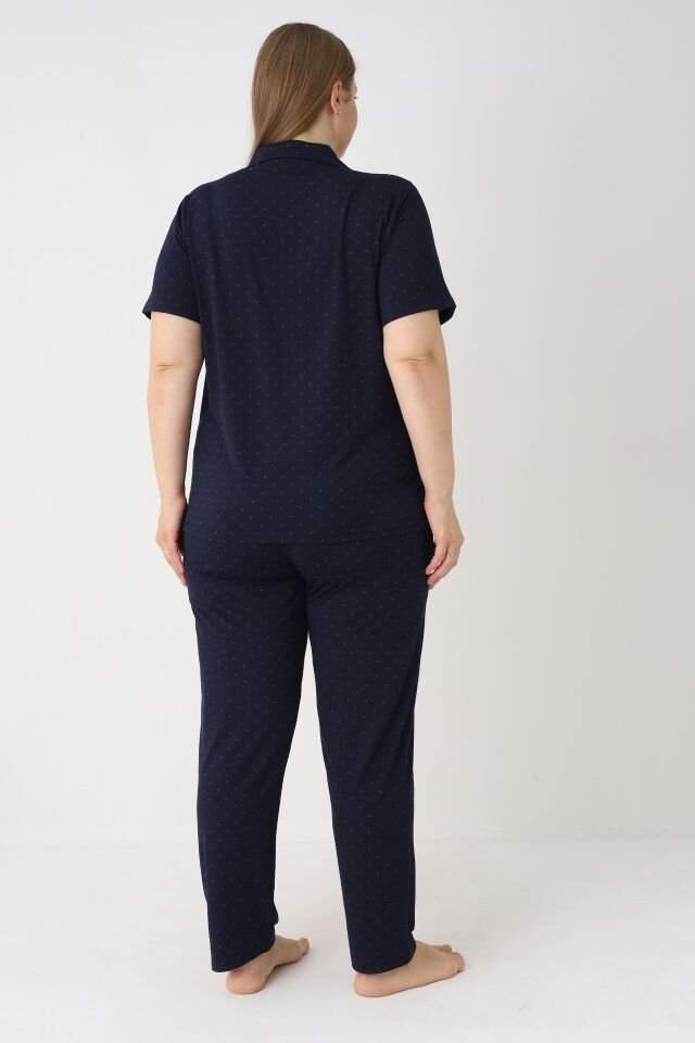 Estiva Kadın Lacivert Kısa Kollu Önden Düğmeli Soft Battal Pijama Takımı