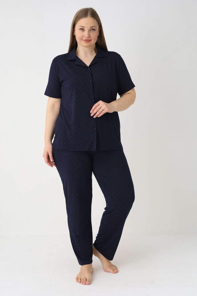 Estiva Kadın Lacivert Kısa Kollu Önden Düğmeli Soft Battal Pijama Takımı