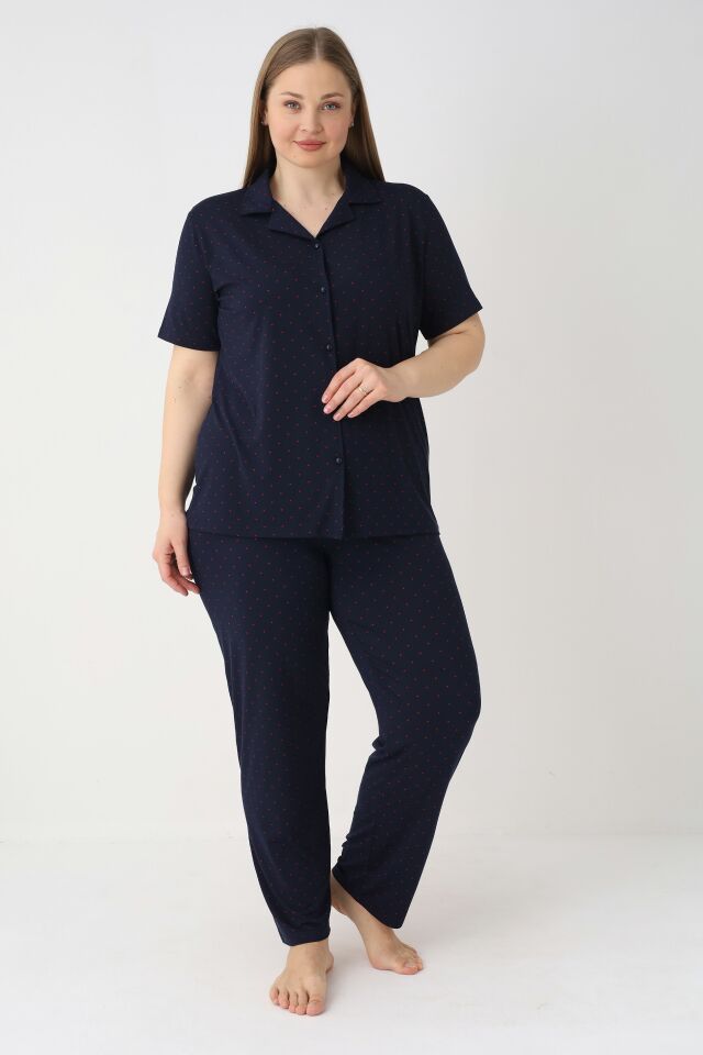 Estiva Kadın Lacivert Kısa Kollu Önden Düğmeli Soft Battal Pijama Takımı