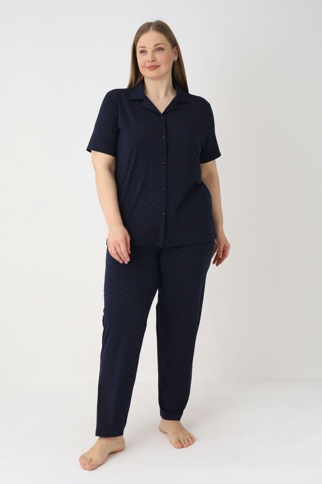 Estiva Kadın Lacivert Kısa Kollu Önden Düğmeli Soft Battal Pijama Takımı