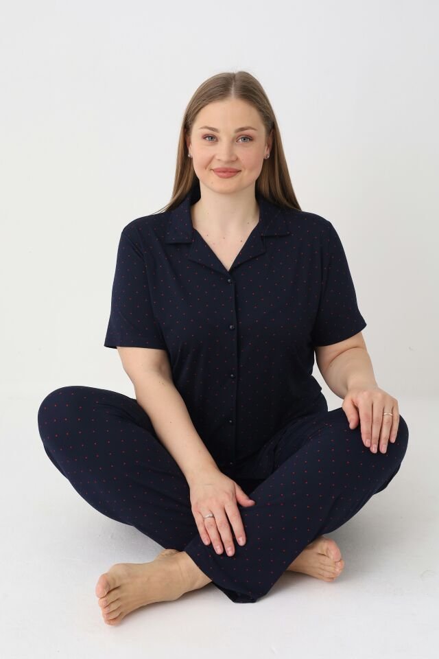 Estiva Kadın Lacivert Kısa Kollu Önden Düğmeli Soft Battal Pijama Takımı