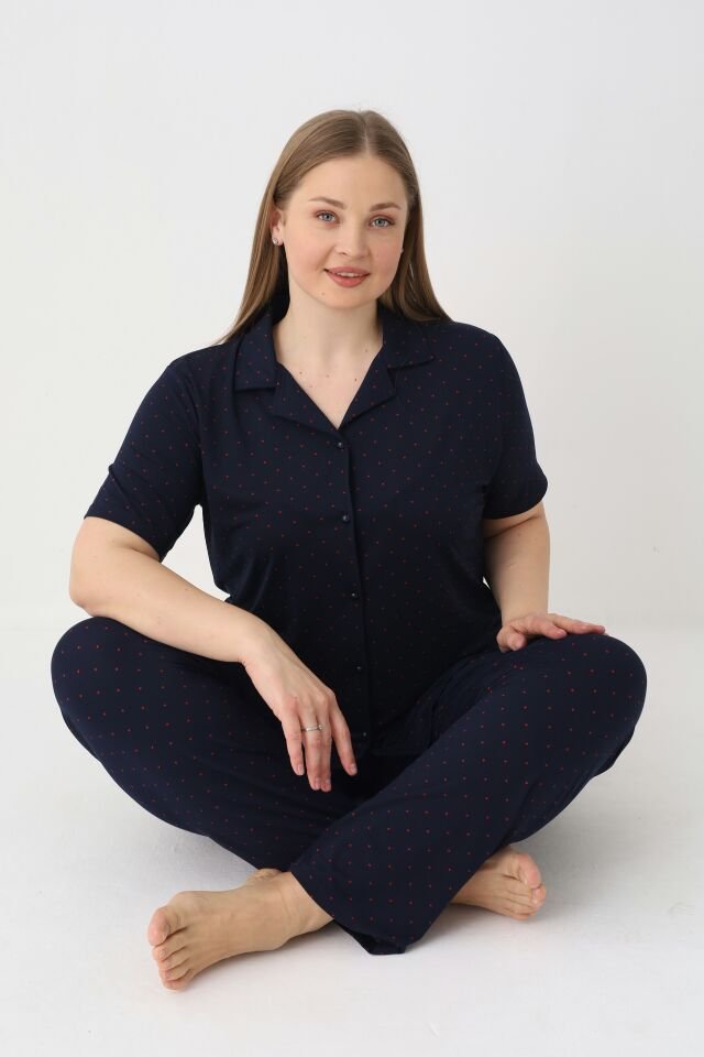 Estiva Kadın Lacivert Kısa Kollu Önden Düğmeli Soft Battal Pijama Takımı