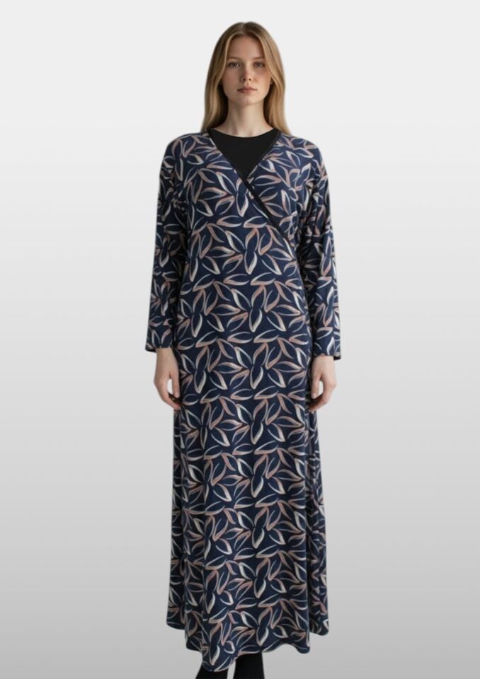 Estiva Kadın Desenli Uzun Kollu Bağcıklı Lycra Viskon Namaz Elbisesi