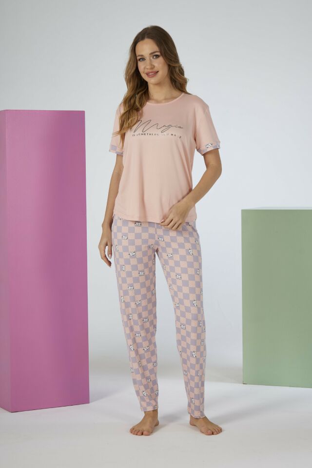 Estiva Kadın Kareli Alt Desenli Kısa Kollu Soft Pijama Takımı