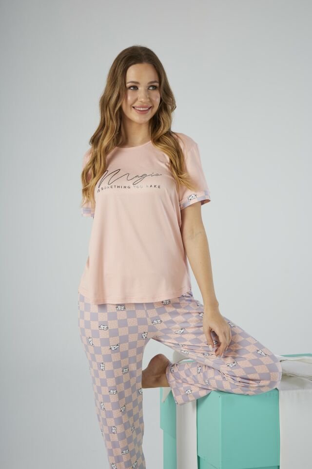 Estiva Kadın Kareli Alt Desenli Kısa Kollu Soft Pijama Takımı