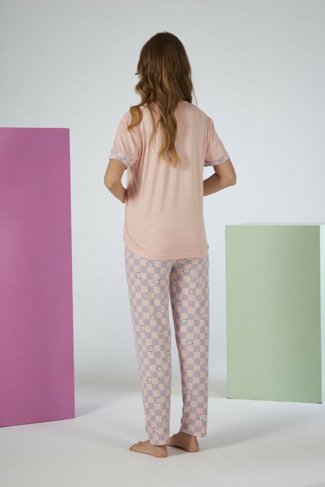 Estiva Kadın Kareli Alt Desenli Kısa Kollu Soft Pijama Takımı