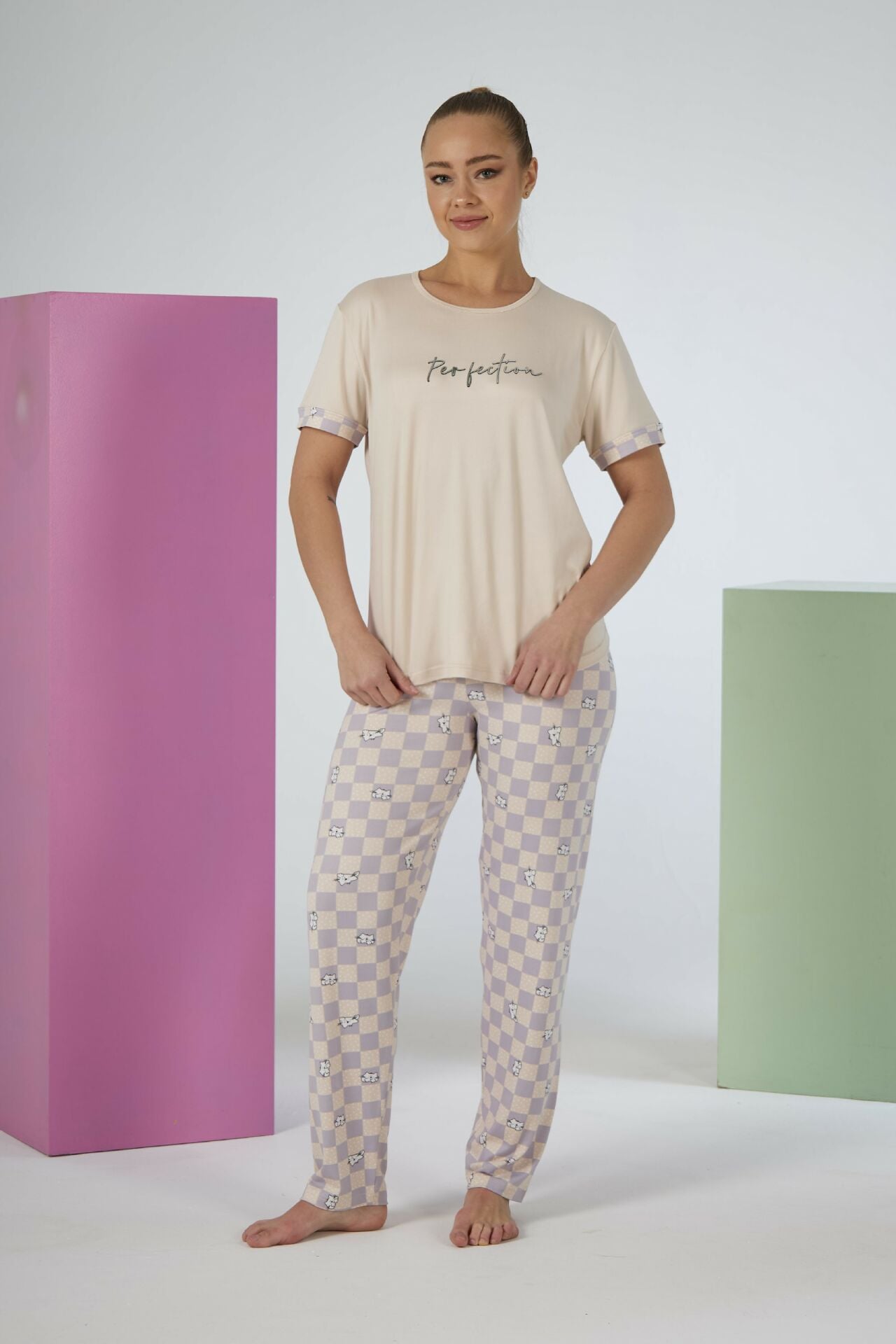 Estiva Kadın Kareli Alt Desenli Kısa Kollu Soft Pijama Takımı L - Bej
