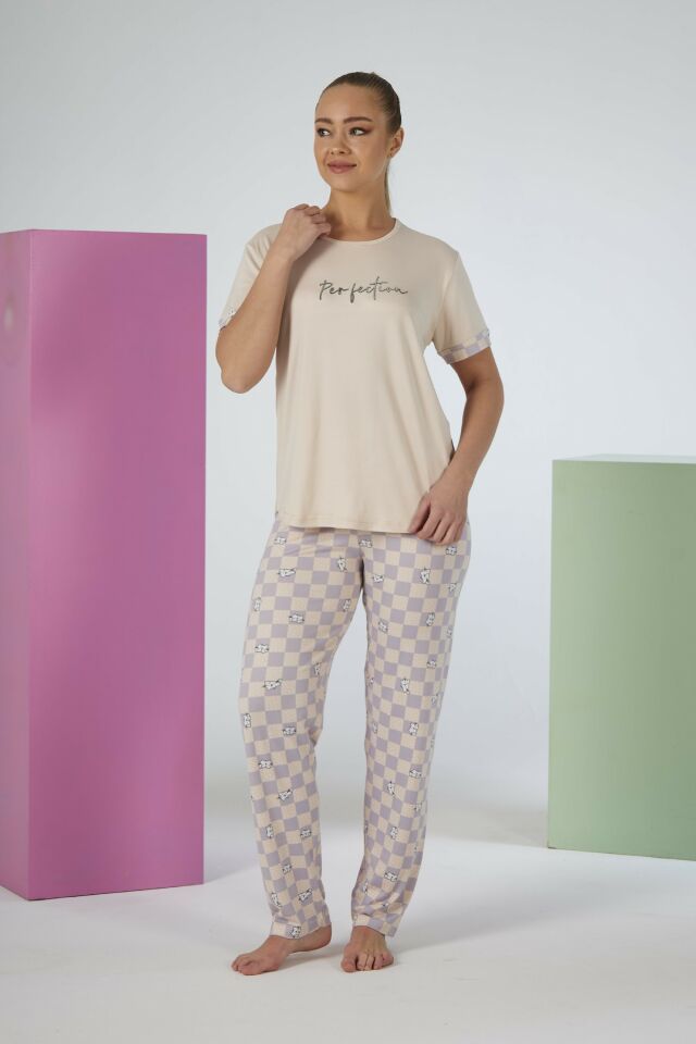 Estiva Kadın Kareli Alt Desenli Kısa Kollu Soft Pijama Takımı L - Bej