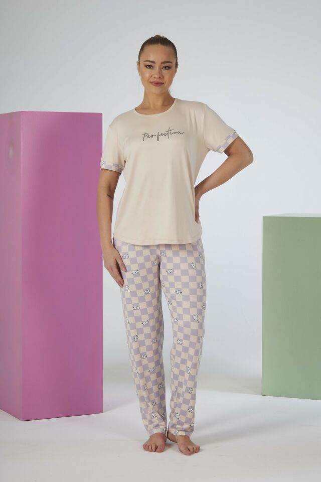 Estiva Kadın Kareli Alt Desenli Kısa Kollu Soft Pijama Takımı L - Bej