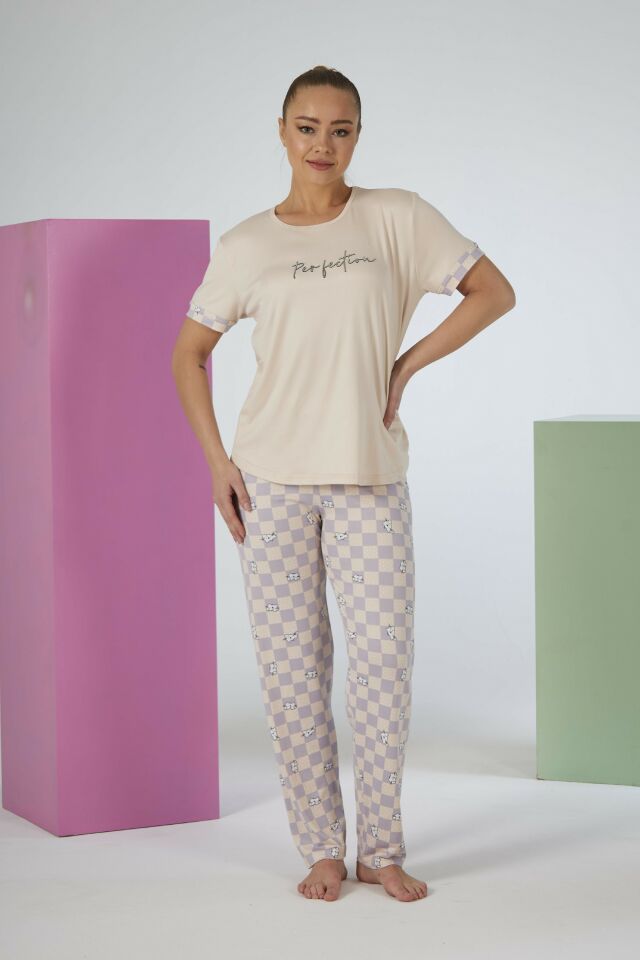 Estiva Kadın Kareli Alt Desenli Kısa Kollu Soft Pijama Takımı L - Bej
