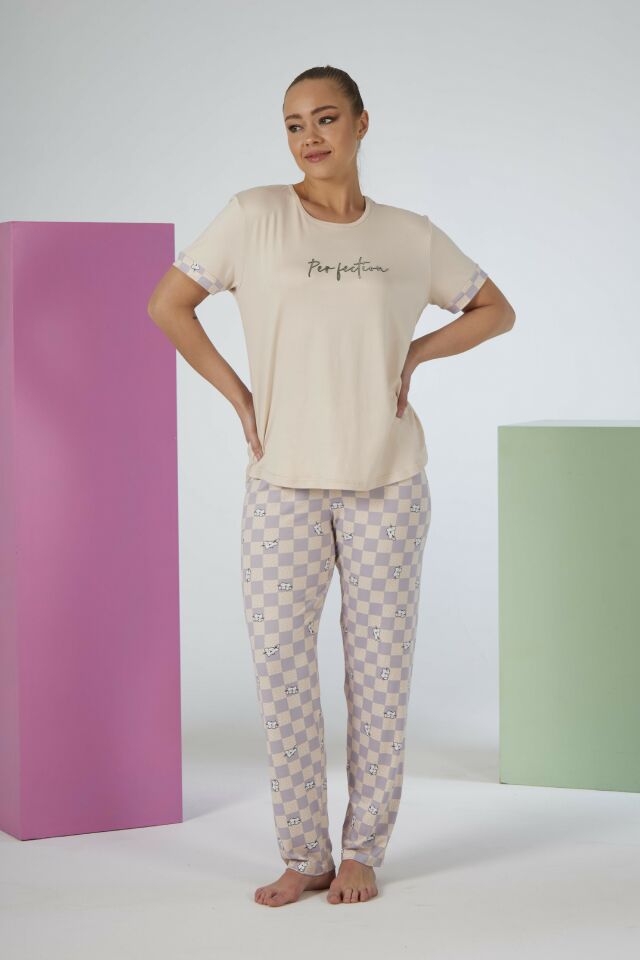 Estiva Kadın Kareli Alt Desenli Kısa Kollu Soft Pijama Takımı L - Bej