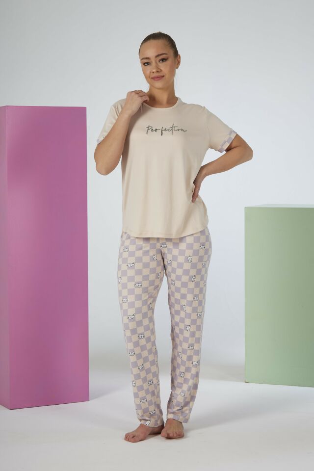 Estiva Kadın Kareli Alt Desenli Kısa Kollu Soft Pijama Takımı L - Bej