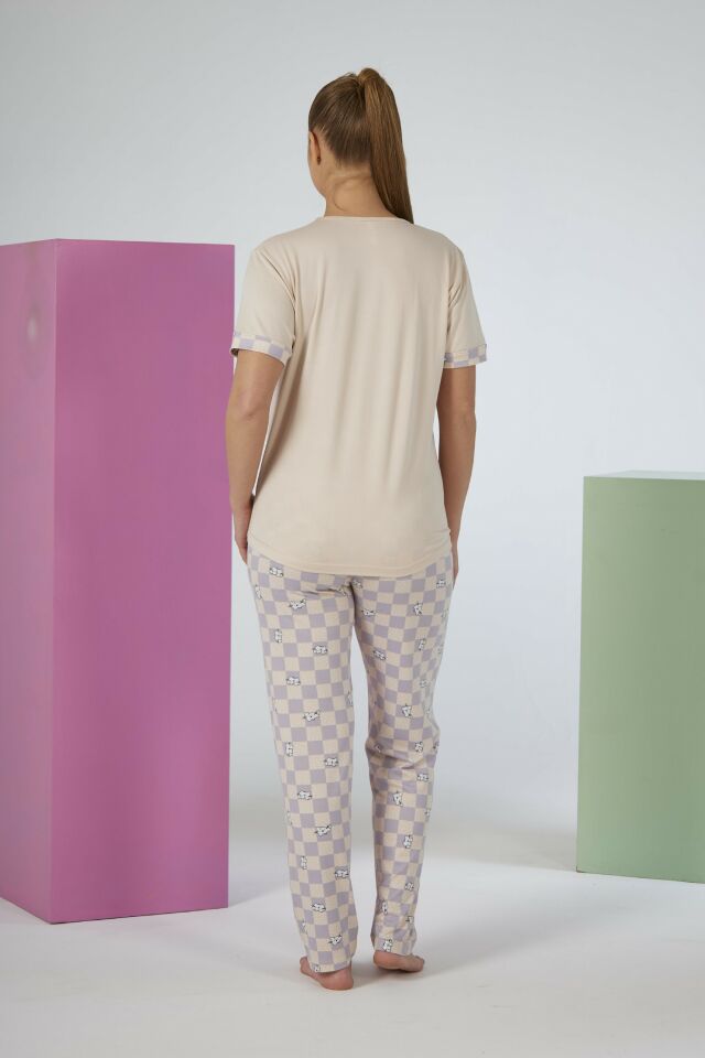 Estiva Kadın Kareli Alt Desenli Kısa Kollu Soft Pijama Takımı L - Bej
