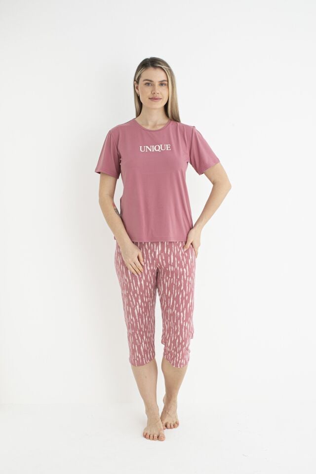 Kadın Yazlık Desenli Kısa Kollu Kaprili Soft Pijama Takımı - Pembe