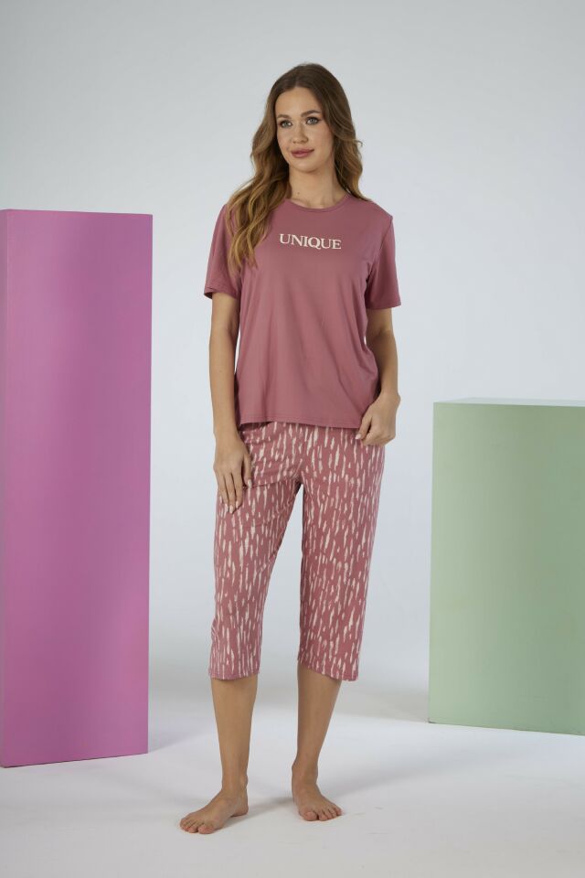 Kadın Yazlık Desenli Kısa Kollu Kaprili Soft Pijama Takımı - Pembe