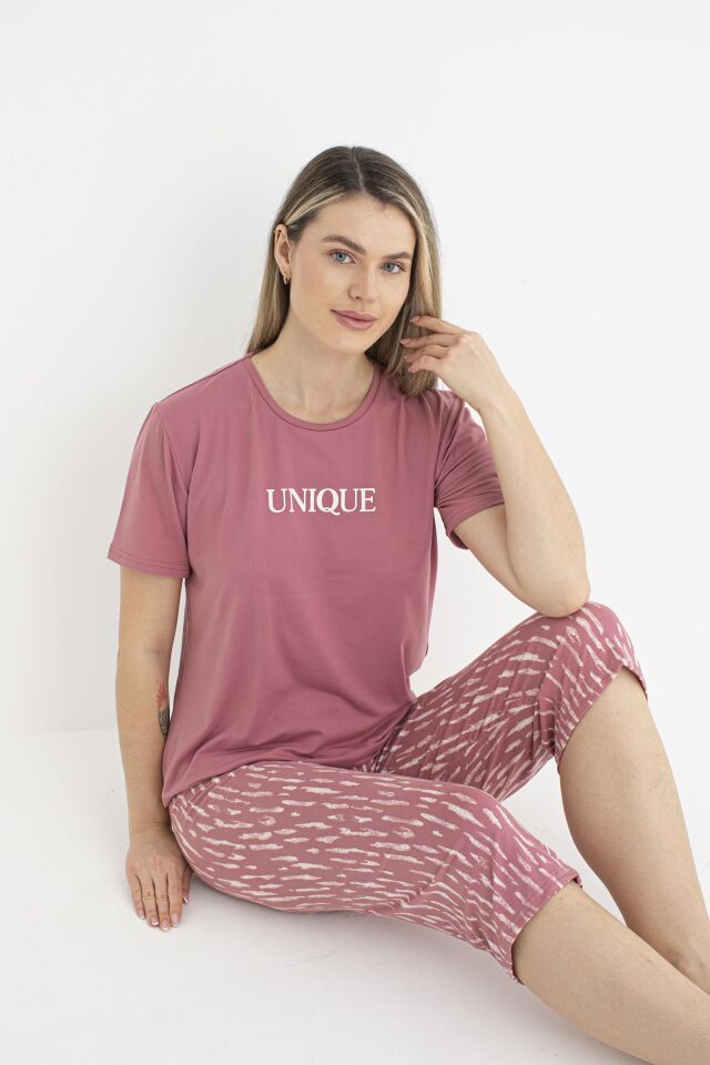 Kadın Yazlık Desenli Kısa Kollu Kaprili Soft Pijama Takımı - Pembe