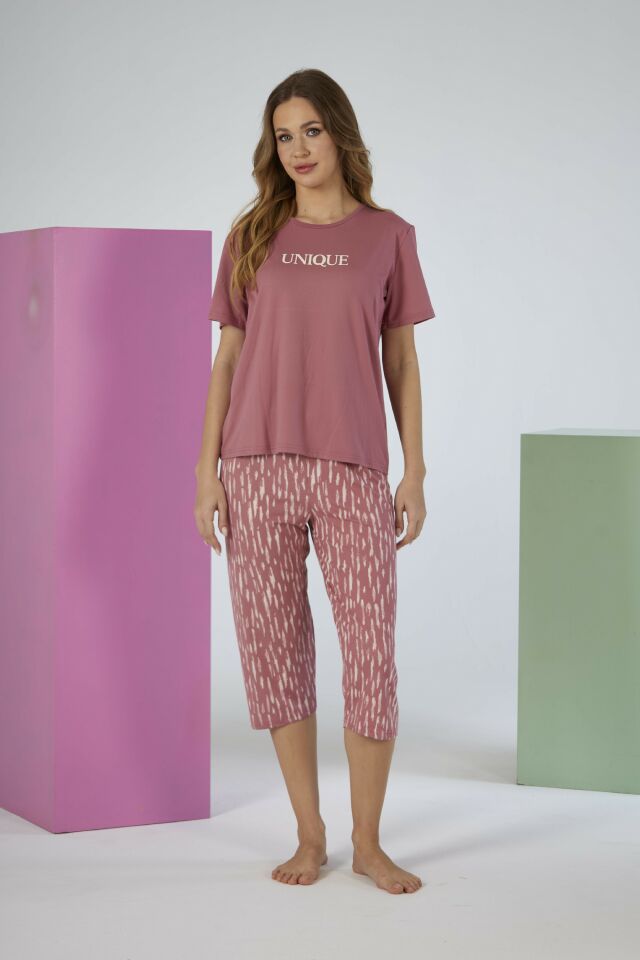 Kadın Yazlık Desenli Kısa Kollu Kaprili Soft Pijama Takımı - Pembe