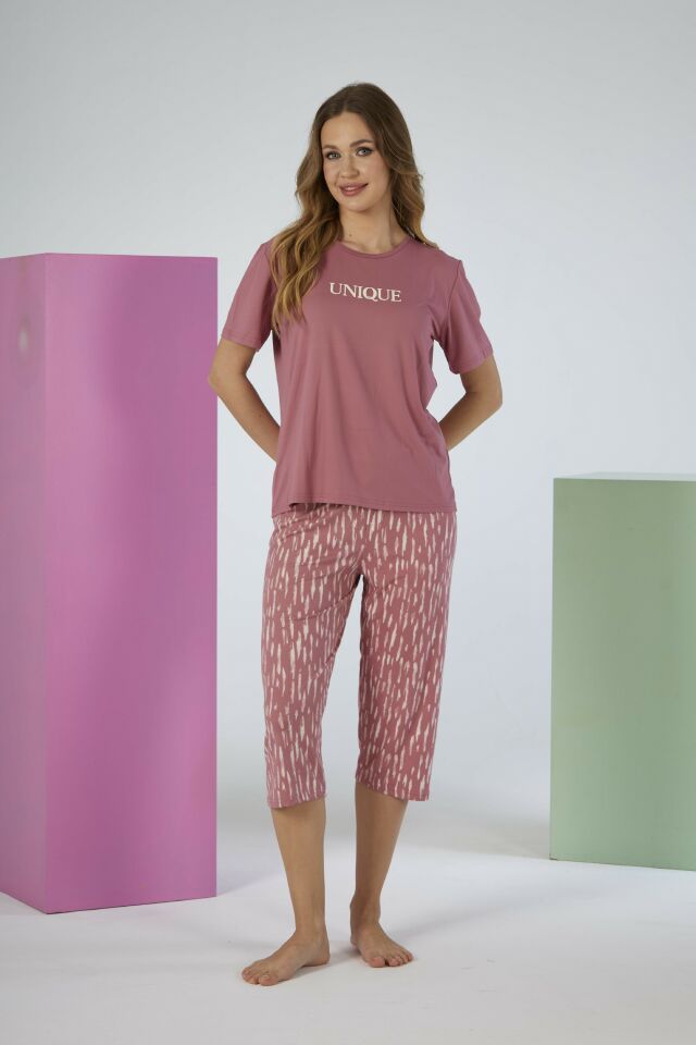 Kadın Yazlık Desenli Kısa Kollu Kaprili Soft Pijama Takımı - Pembe