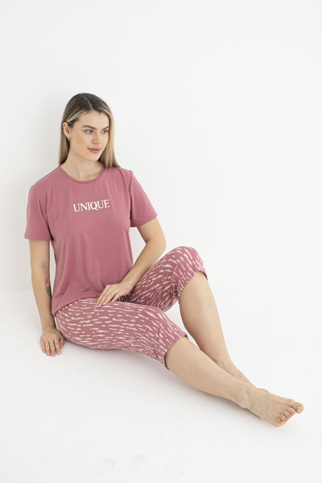 Kadın Yazlık Desenli Kısa Kollu Kaprili Soft Pijama Takımı - Pembe