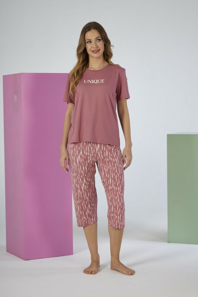 Kadın Yazlık Desenli Kısa Kollu Kaprili Soft Pijama Takımı - Pembe