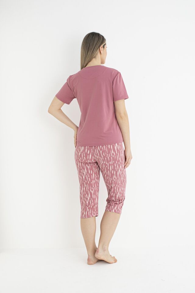 Kadın Yazlık Desenli Kısa Kollu Kaprili Soft Pijama Takımı - Pembe