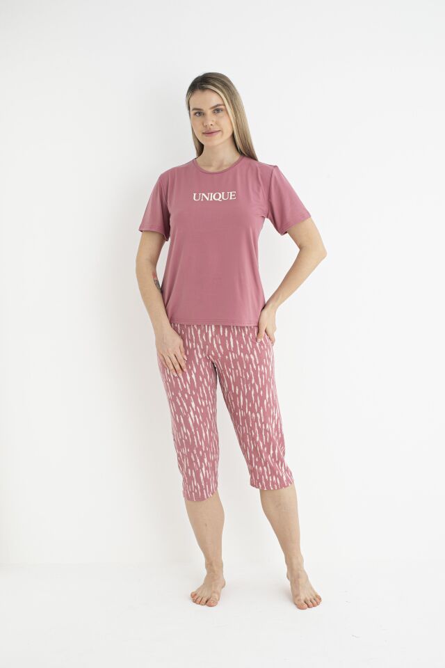 Kadın Yazlık Desenli Kısa Kollu Kaprili Soft Pijama Takımı - Pembe