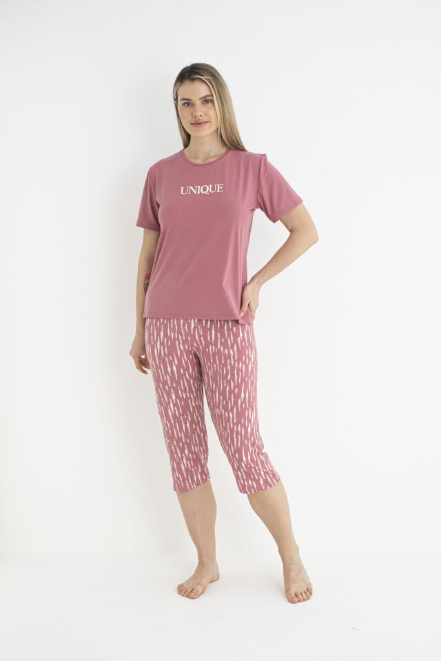Kadın Yazlık Desenli Kısa Kollu Kaprili Soft Pijama Takımı - Pembe