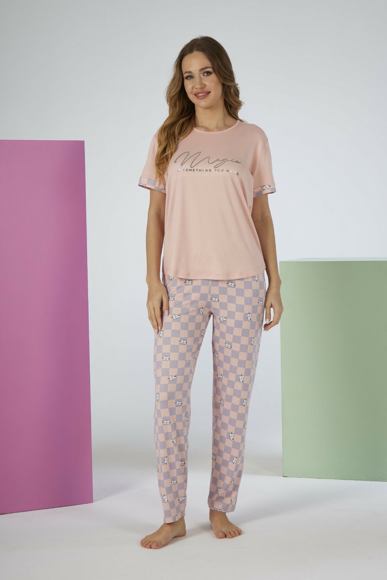 Estiva Kadın Kareli Alt Desenli Kısa Kollu Soft Pijama Takımı 2XL - SOMON