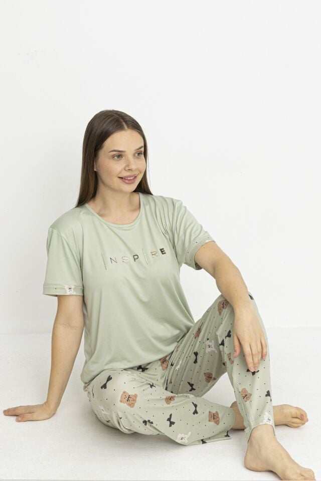 Estiva Kadın Ayıcık Alt Desenli Kısa Kollu Soft Pijama Takımı M - Yeşil