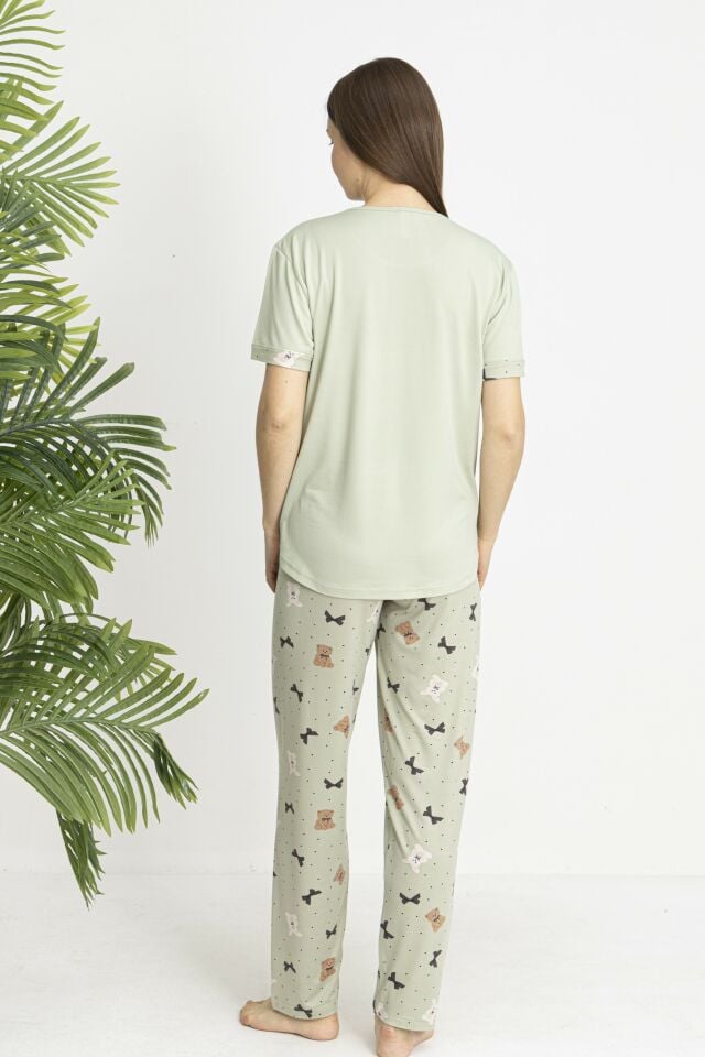 Estiva Kadın Ayıcık Alt Desenli Kısa Kollu Soft Pijama Takımı M - Yeşil