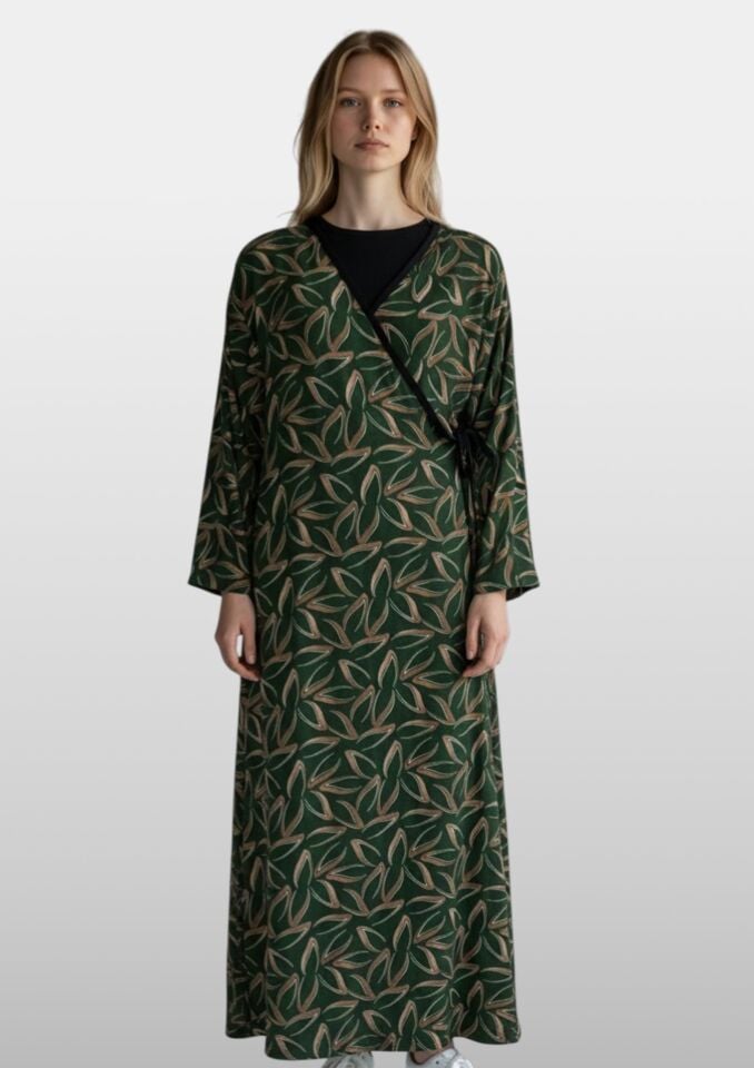 Estiva Kadın Desenli Uzun Kollu Bağcıklı Lycra Viskon Namaz Elbisesi