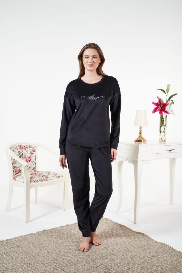 Kadın Kışlık Kadife Pijama Takımı Siyah - XL