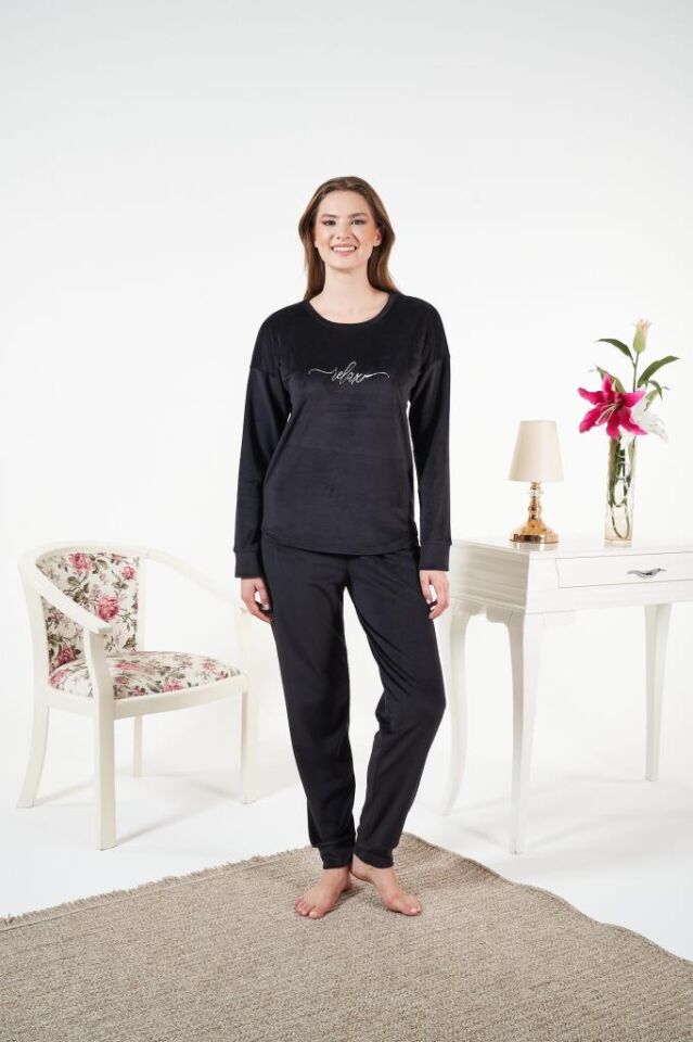 Kadın Kışlık Kadife Pijama Takımı Siyah - 2XL