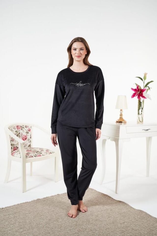 Kadın Kışlık Kadife Pijama Takımı Siyah - 2XL