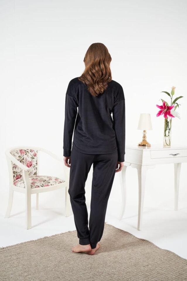 Kadın Kışlık Kadife Pijama Takımı Siyah - 2XL