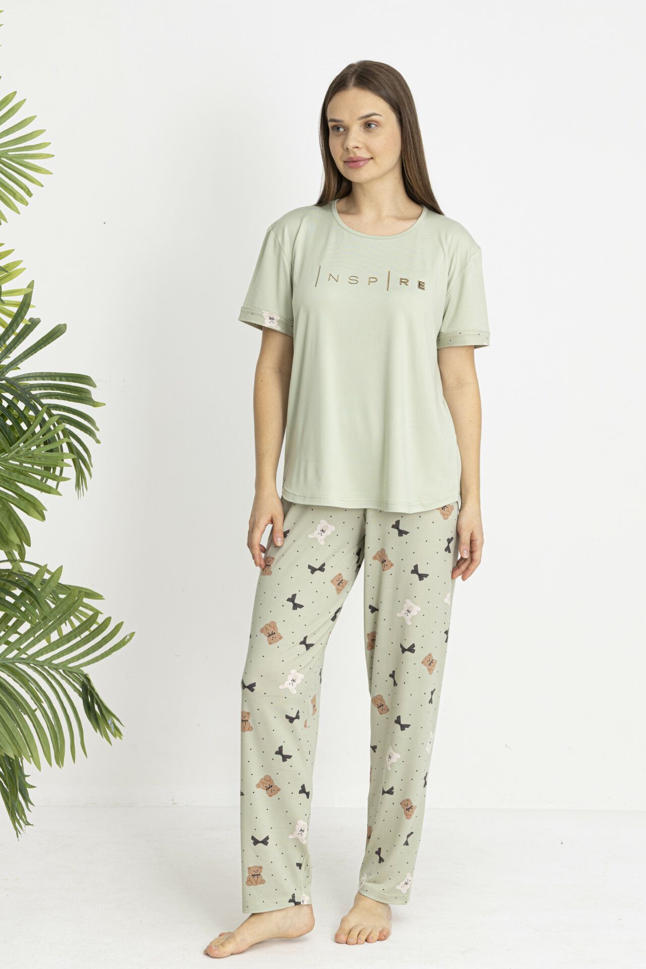 Estiva Kadın Ayıcık Alt Desenli Kısa Kollu Soft Pijama Takımı 2XL - Yeşil