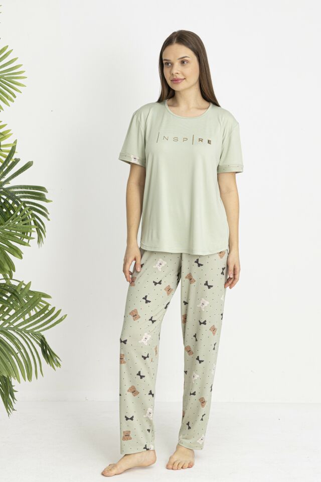 Estiva Kadın Ayıcık Alt Desenli Kısa Kollu Soft Pijama Takımı 2XL - Yeşil