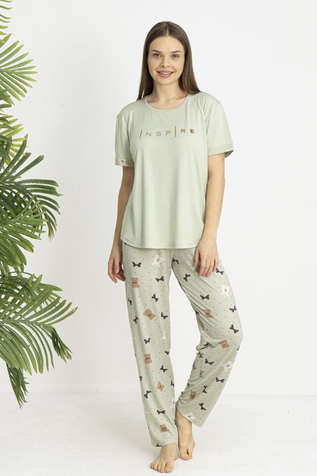 Estiva Kadın Ayıcık Alt Desenli Kısa Kollu Soft Pijama Takımı 2XL - Yeşil