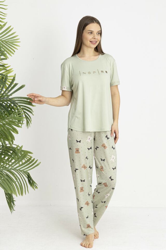 Estiva Kadın Ayıcık Alt Desenli Kısa Kollu Soft Pijama Takımı 2XL - Yeşil