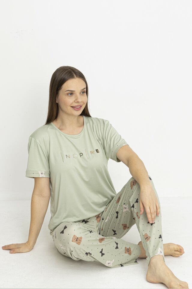 Estiva Kadın Ayıcık Alt Desenli Kısa Kollu Soft Pijama Takımı 2XL - Yeşil