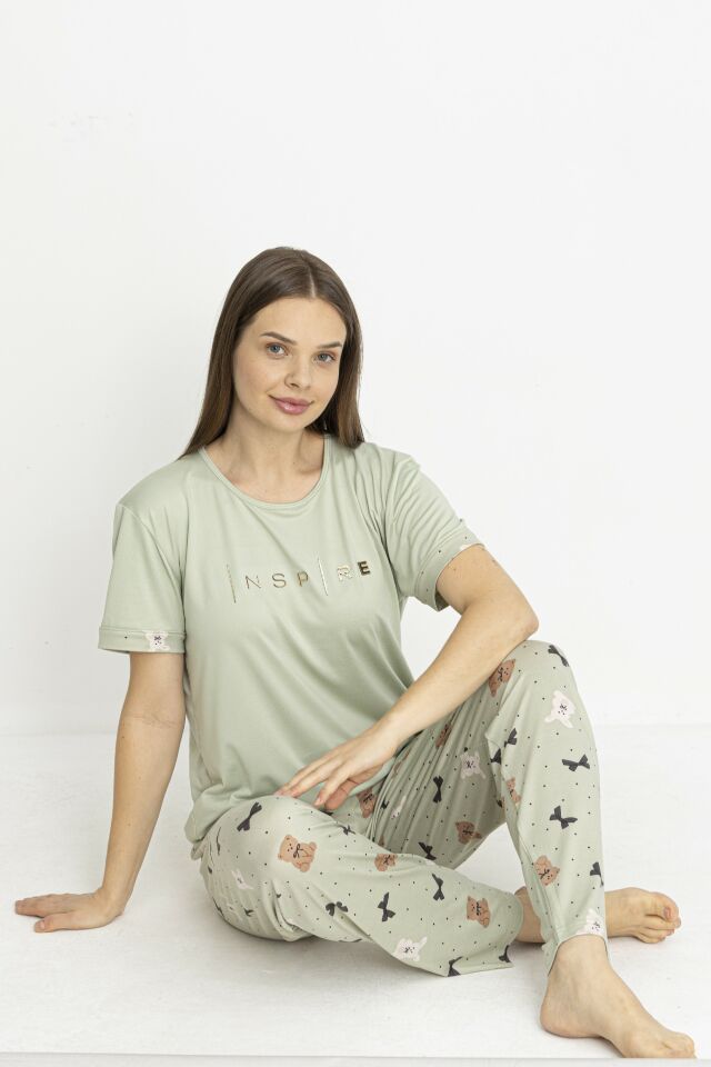 Estiva Kadın Ayıcık Alt Desenli Kısa Kollu Soft Pijama Takımı 2XL - Yeşil
