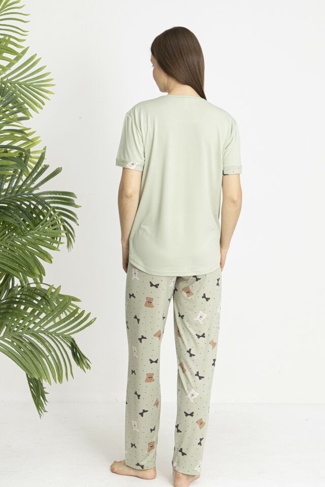Estiva Kadın Ayıcık Alt Desenli Kısa Kollu Soft Pijama Takımı 2XL - Yeşil