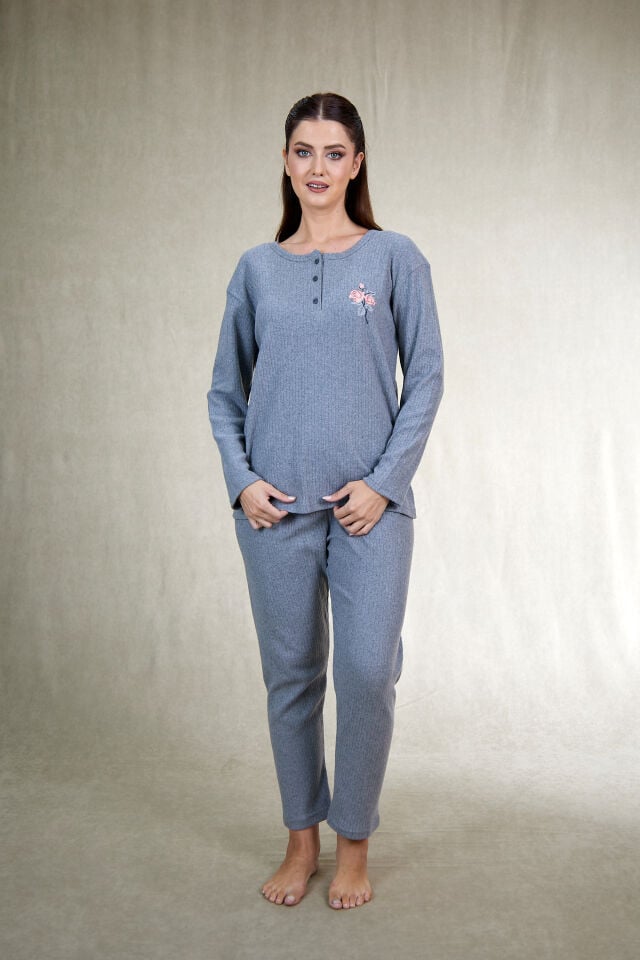 Estiva Kadın Nakış İşlemeli Patlı İnterlok Şardonlu Pijama Takımı
