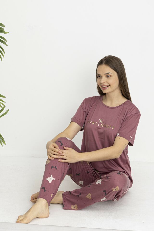 Estiva Kadın Ayıcık Alt Desenli Kısa Kollu Soft Pijama Takımı M - Pudra