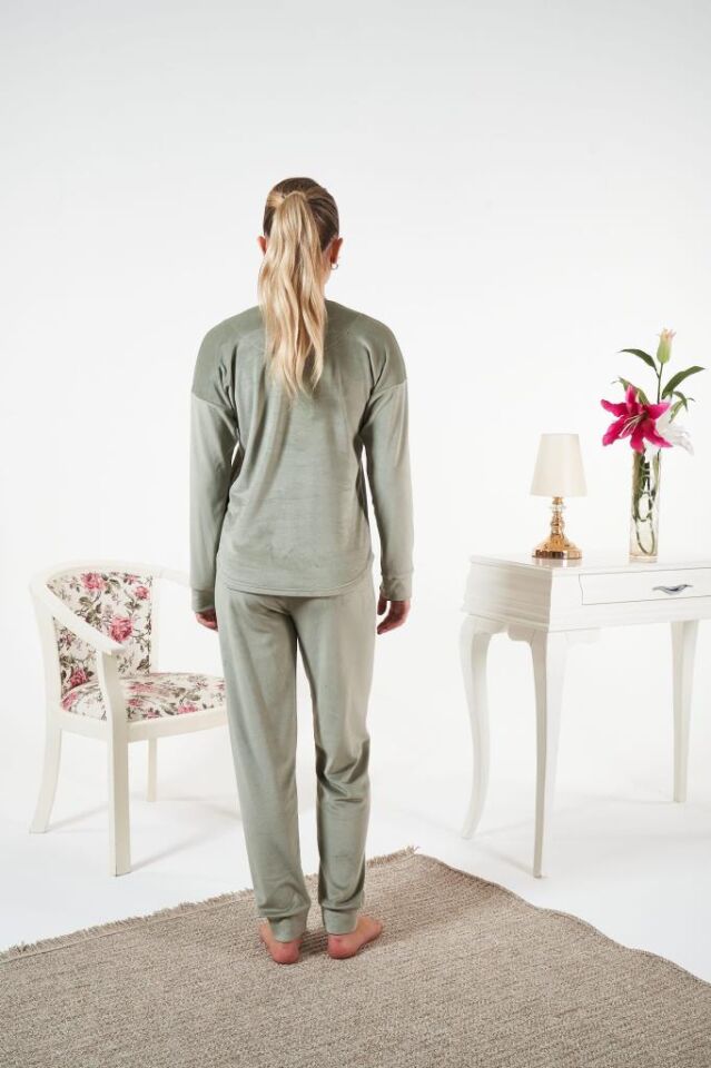 Kadın Kışlık Kadife Pijama Takımı L - Yeşil